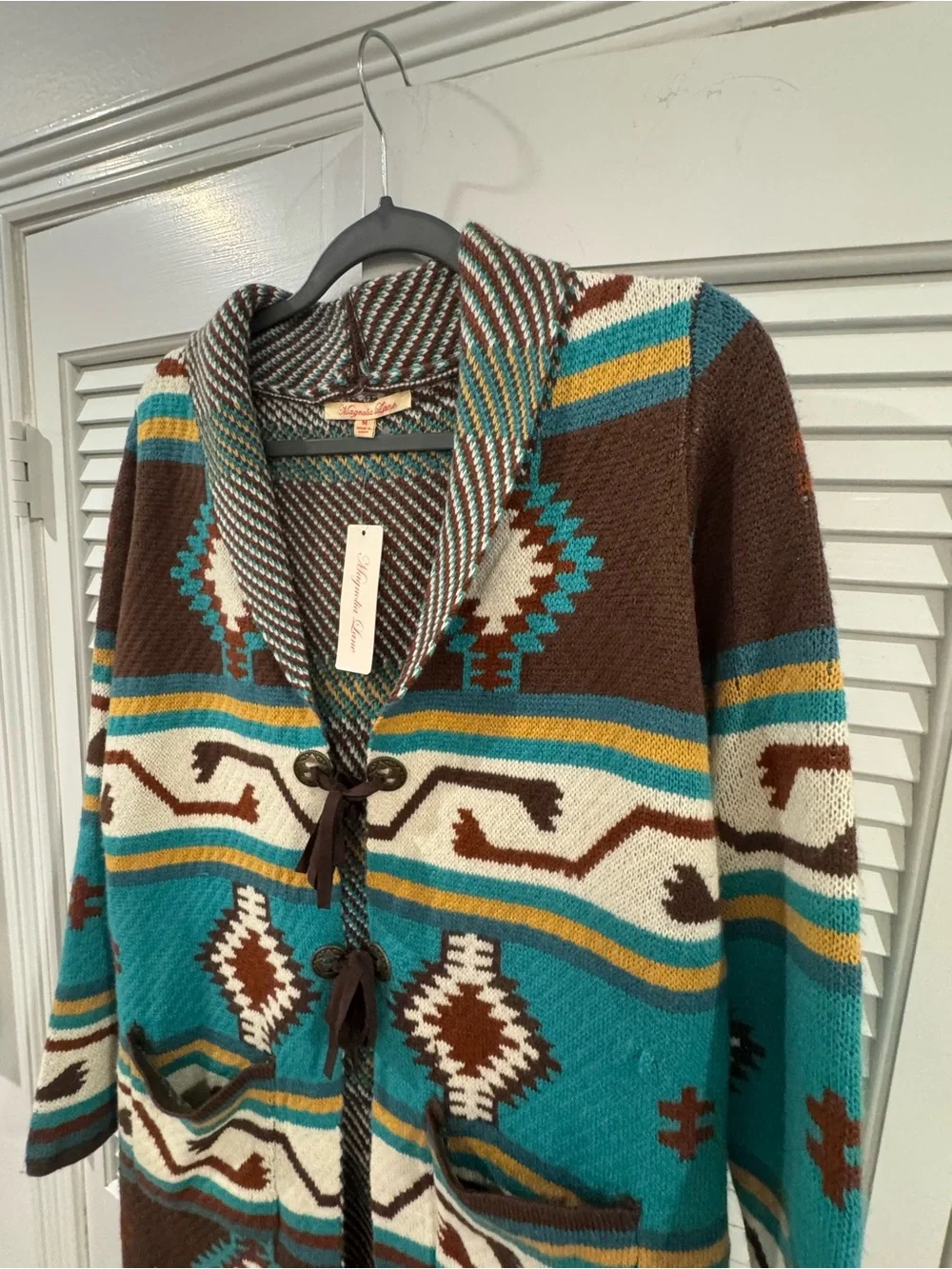 Turquoise & Brown Aztec Shawl-Collar Cardigan Sweater